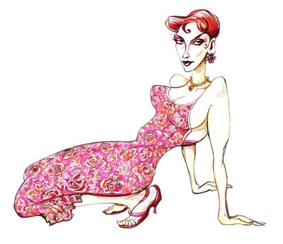 Model in a pink floral dress by Neale Osborne